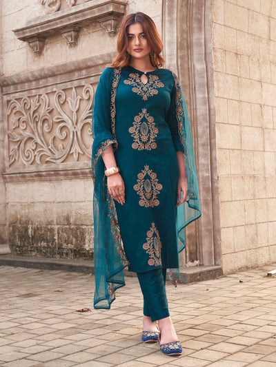 Indyancart TI Women's Women Teal Cotton Blend Embroidered Kurta with Pant and Dupatta