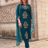 Dhiyona TI Women's Women Teal Cotton Blend Embroidered Kurta with Pant and Dupatta
