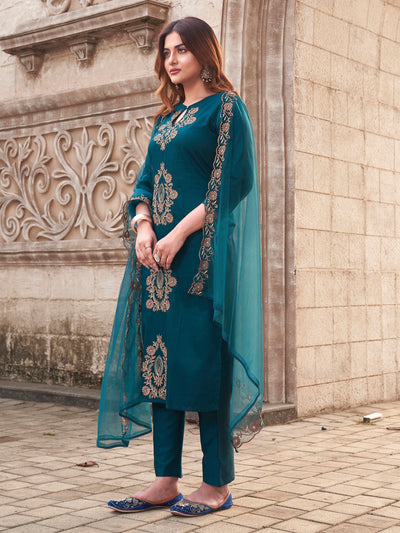 Indyancart TI Women's Women Teal Cotton Blend Embroidered Kurta with Pant and Dupatta