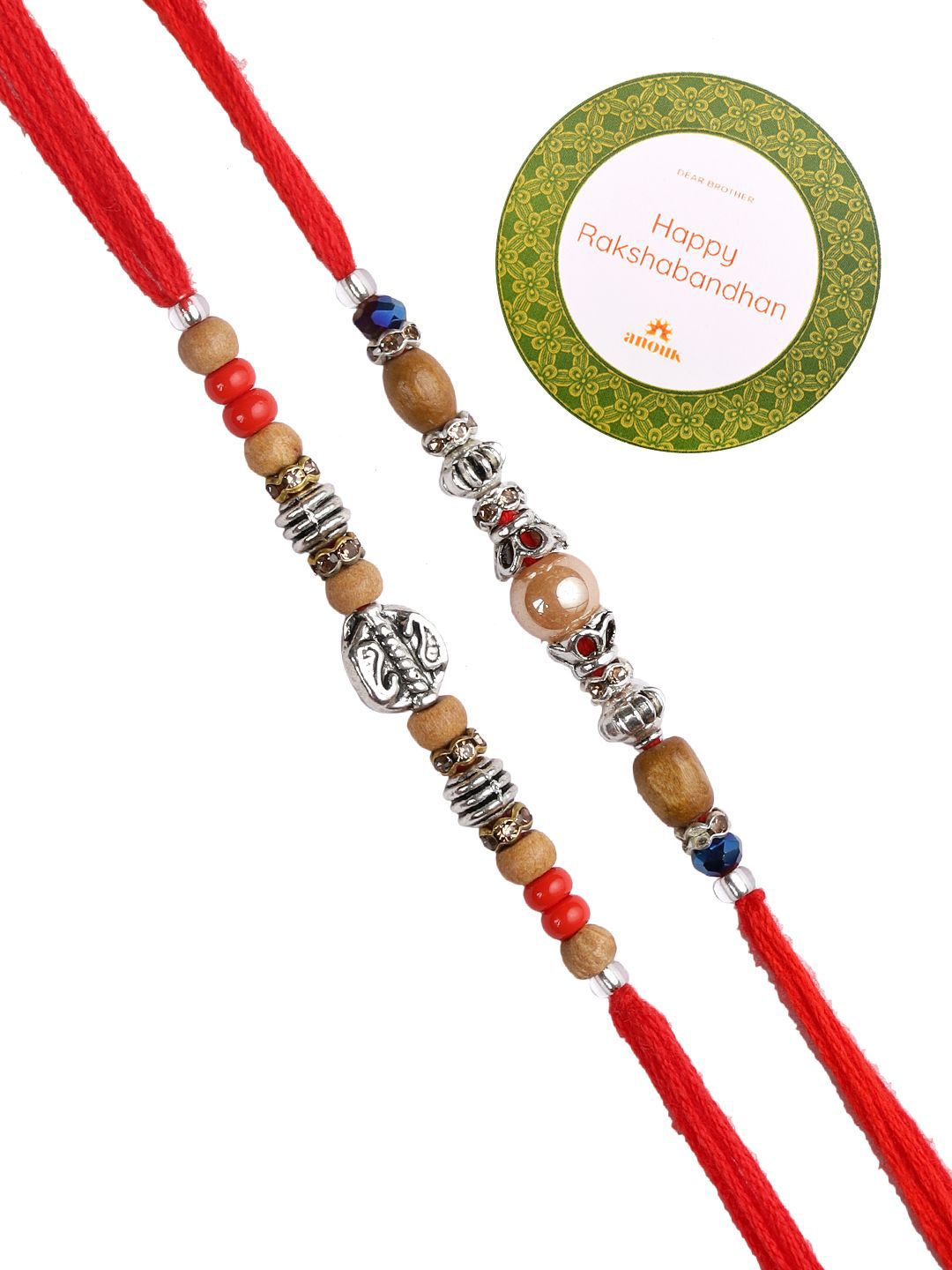 Anouk Set Of 2 Silver-Toned Beaded Rakhi With Roli Rice & Greeting Card