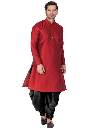 Men's Maroon Silk Blend Straight Kurta and Dhoti Set