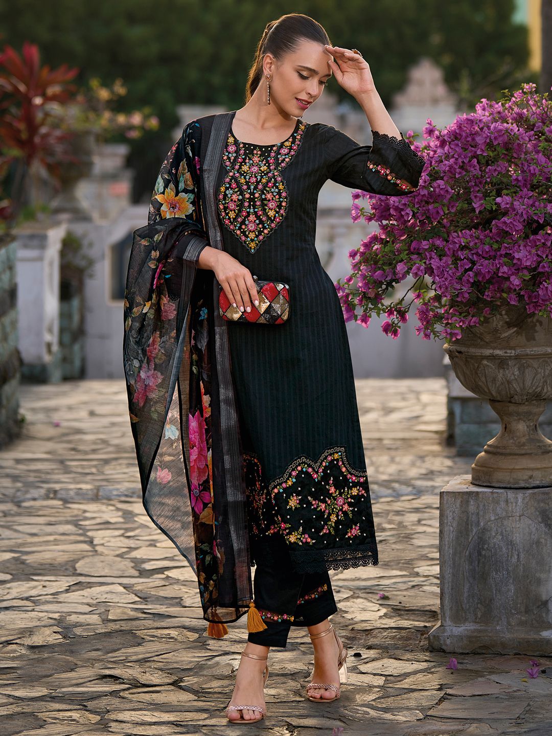 Indyancart IE Floral Embroidered Regular Thread Work Pure Cotton Kurta With Trousers & Dupatta