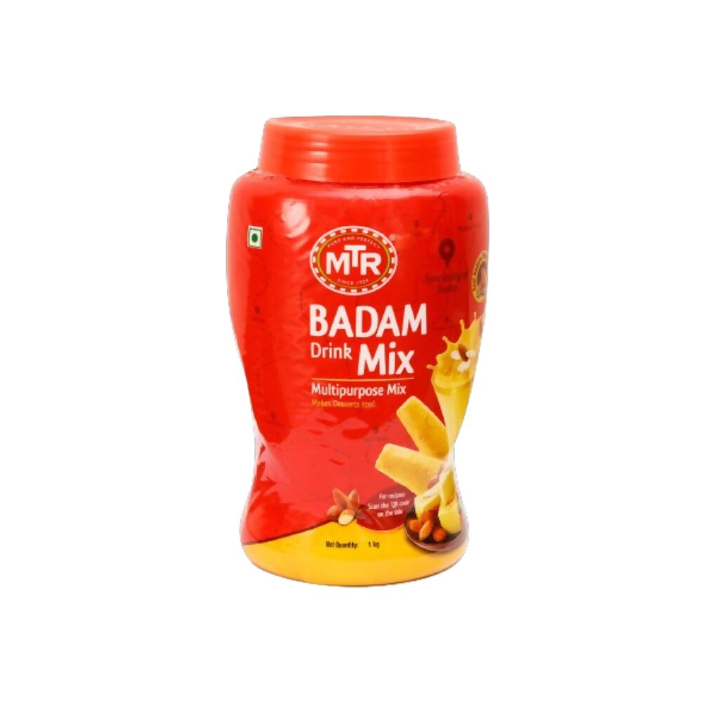 MTR Badam Drink Mix instant beverage powder in a container, ready to make a rich almond-flavored drink.