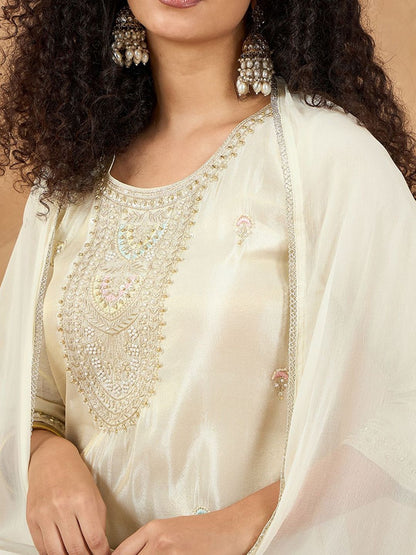 Indyancart VA Women Embroidered Straight Kurta with Sharara & Dupatta