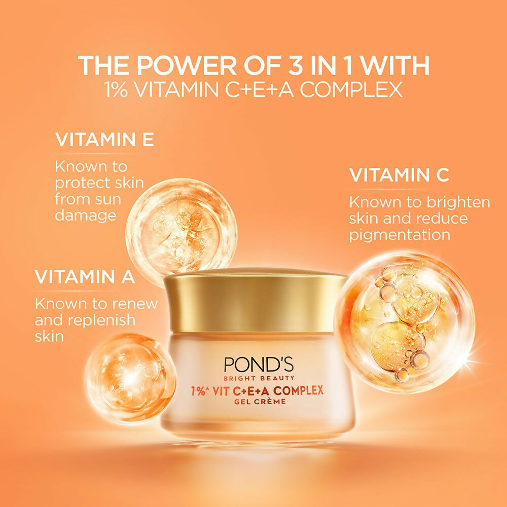 Ponds Bright Beauty 1% Vit C+E+A gel crème in a jar, smooth face gel with brightening ingredients, suitable for skincare.
