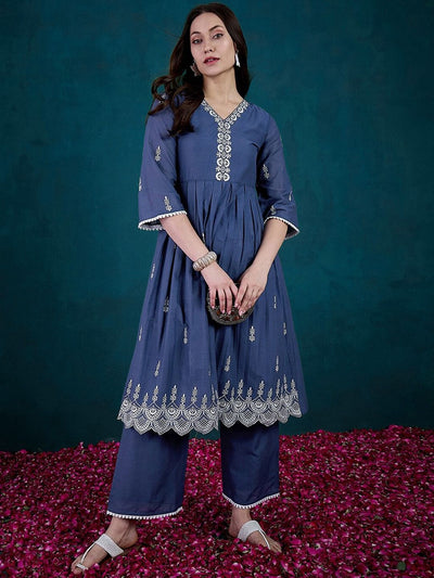 Indyancart SN Women's Floral Embroidered V Neck Sequinned Pure Cotton Anarkali Kurta & Trousers