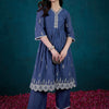 Dhiyona SN Women's Floral Embroidered V Neck Sequinned Pure Cotton Anarkali Kurta & Trousers