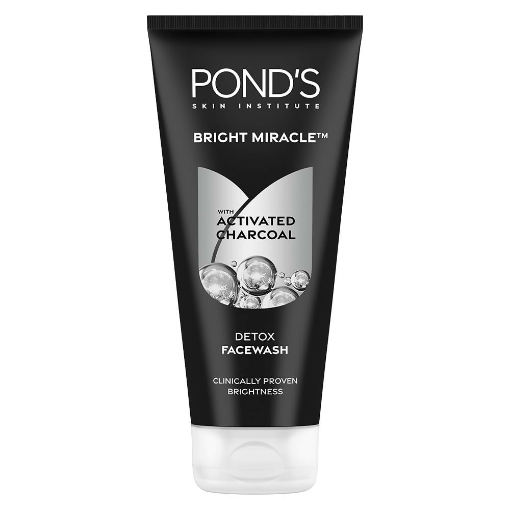 Ponds Bright Miracle Detox Face Wash with activated charcoal for deep cleansing and glowing skin, shown in a sleek tube.
