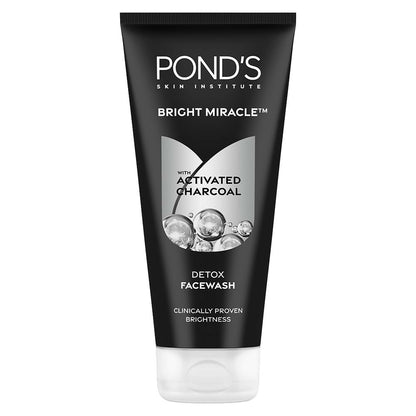 Ponds Bright Miracle Detox Face Wash with activated charcoal for deep cleansing and glowing skin, shown in a sleek tube.