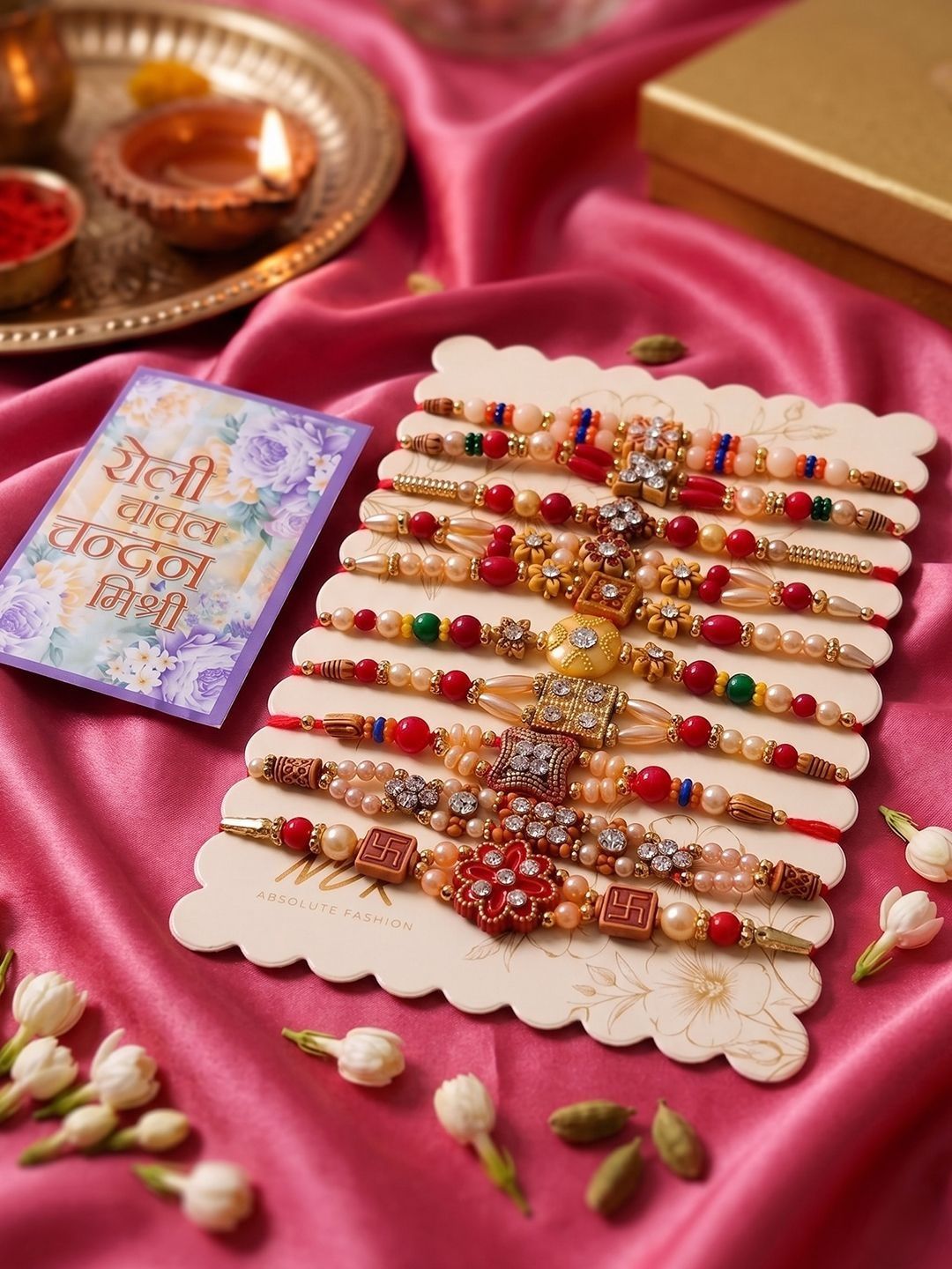 Anouk Set Of 10 Multicolor Designer Thread Rakhi With Roli Chawal Chandan Mishri