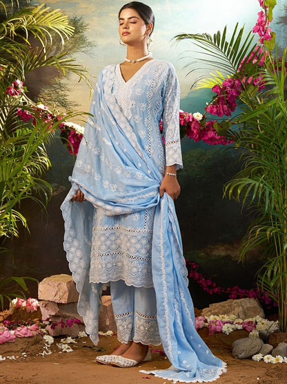 Women Ethnic Motifs Embroidered Regular Chikankari Pure Cotton Kurta with Palazzos & With Dupatta