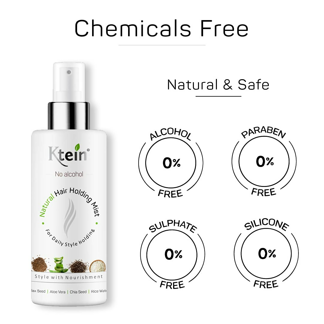 Ktein natural alcohol-free hair holding spray in a spray bottle, designed for strong, long-lasting hold without alcohol.