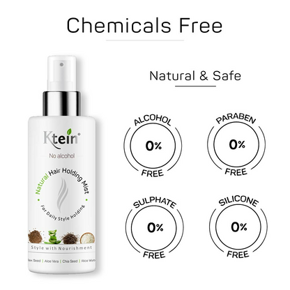 Ktein natural alcohol-free hair holding spray in a spray bottle, designed for strong, long-lasting hold without alcohol.