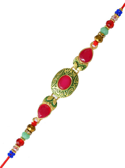 Anouk Gold-Toned Kundan-Studded & Beaded Rakhi With Roli Chawal & Greeting Card