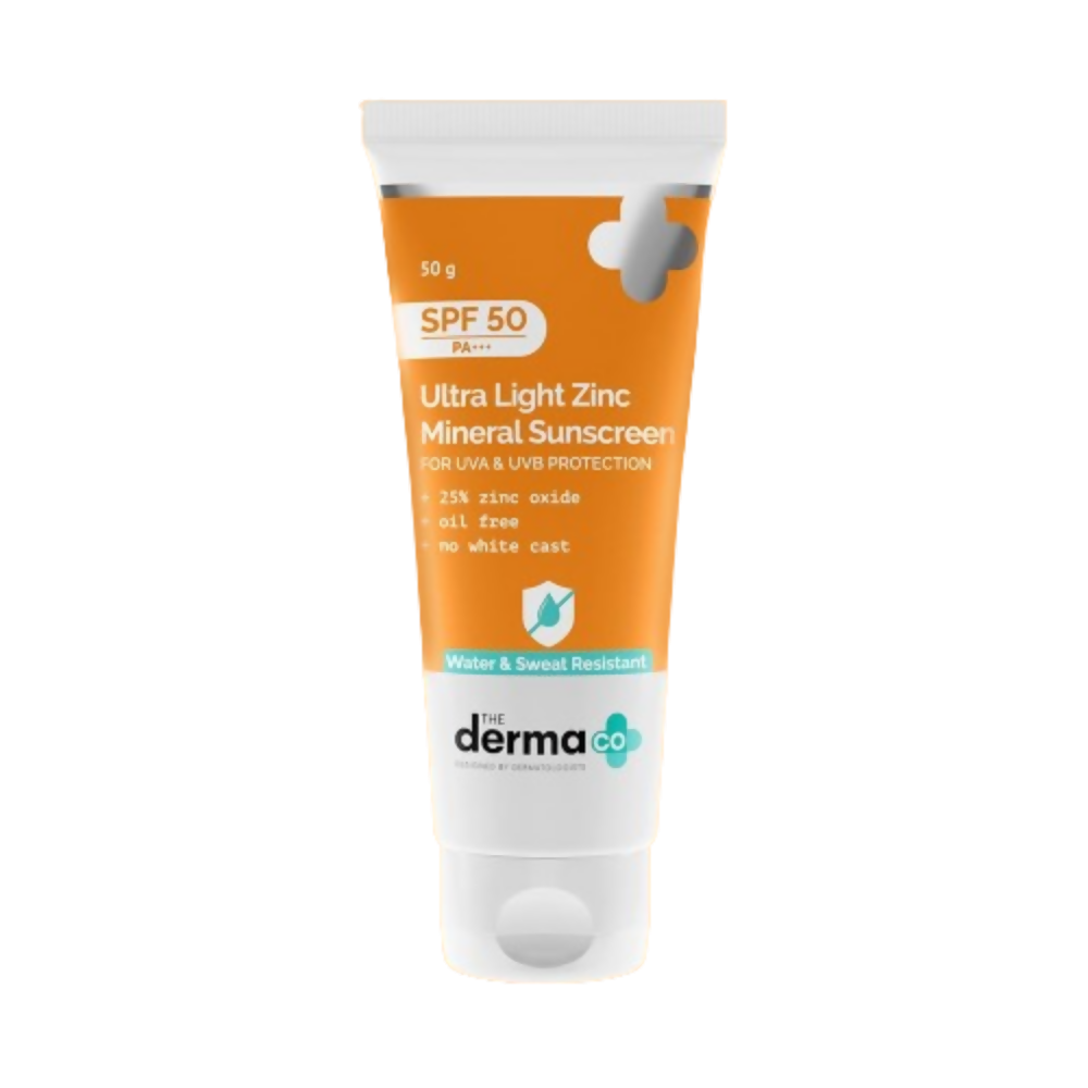 The Derma Co Ultra Light Zinc Mineral Sunscreen with SPF 50 in a white tube, showing the product packaging and branding.