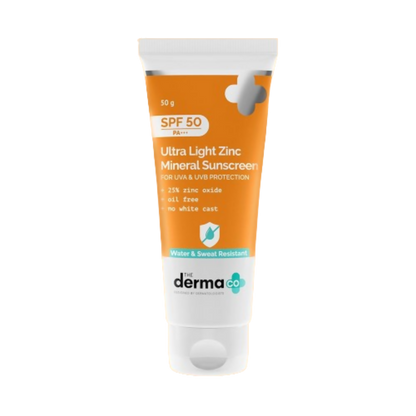 The Derma Co Ultra Light Zinc Mineral Sunscreen with SPF 50 in a white tube, showing the product packaging and branding.