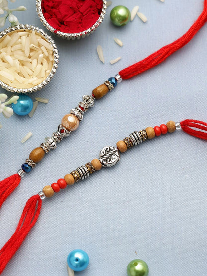 Anouk Set Of 2 Silver-Toned Beaded Rakhi With Roli Rice & Greeting Card
