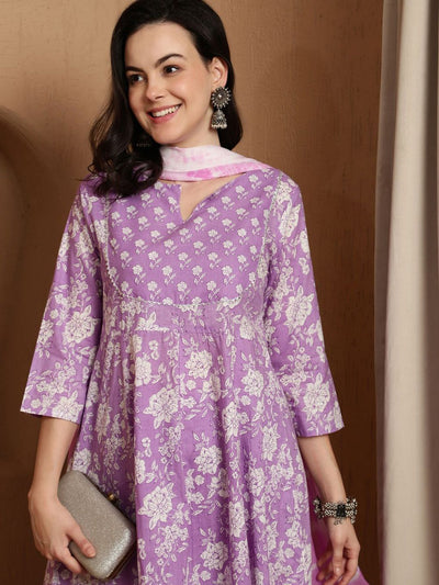 Indyancart SN Women's Floral Printed Notch Neck Pure Cotton Anarkali Kurta & Trousers With Dupatta
