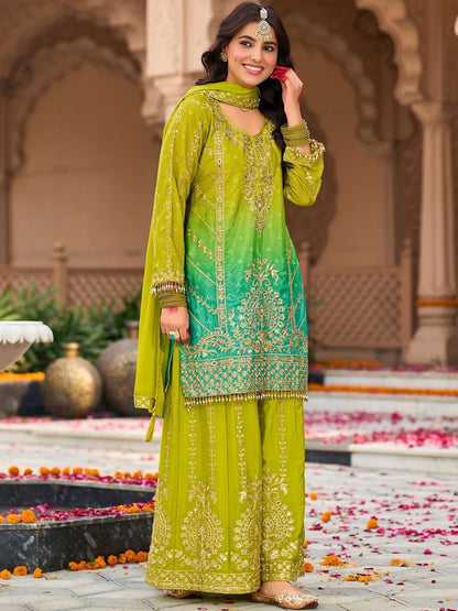 Indyancart IE Women Ombre Embroidered Regular Kurta with Sharara & With Dupatta