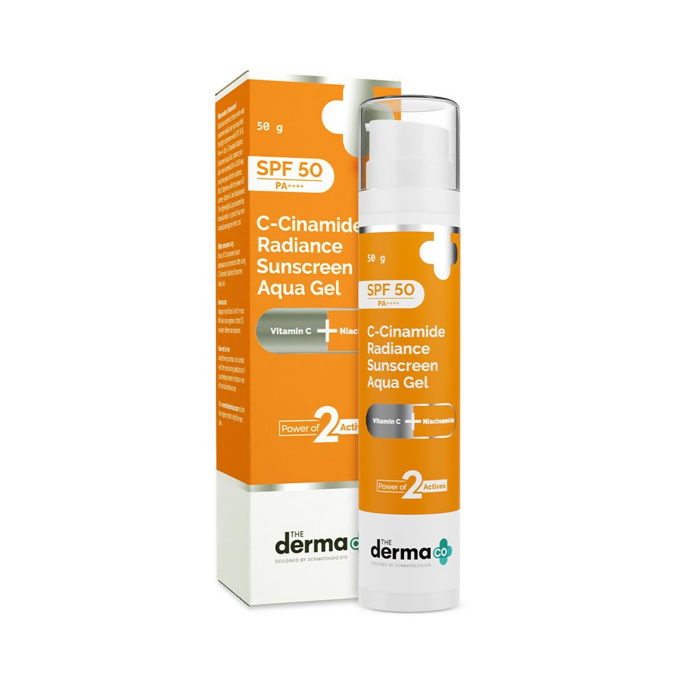 The Derma Co C-Cinamide Radiance Sunscreen Aqua Gel with SPF 50, clear gel texture in a pump bottle, suitable for all skin types.