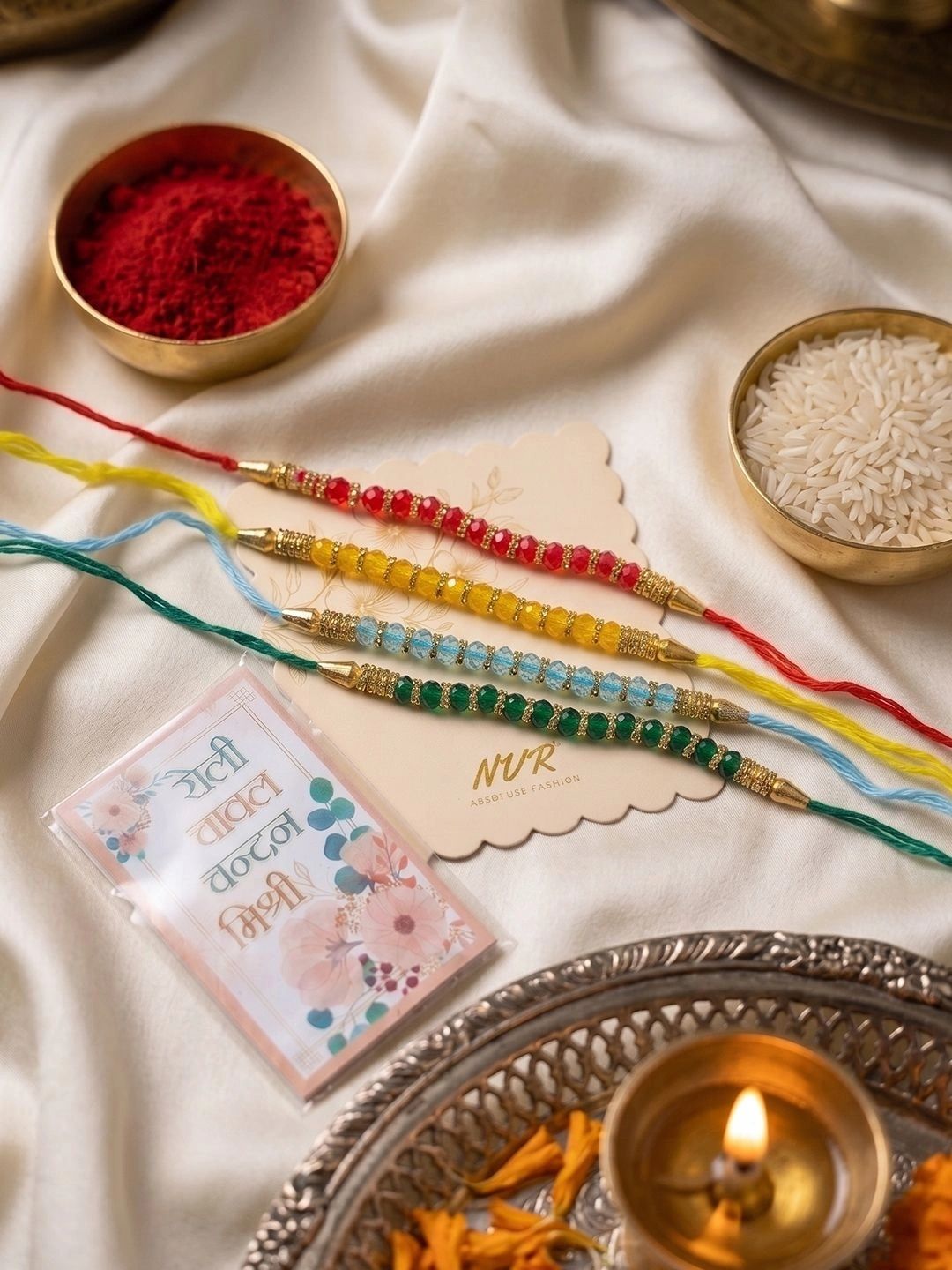 Anouk Set Of 4 Multicolor Artificial Beads Thread Rakhi With Roli Chawal Chandan Mishri
