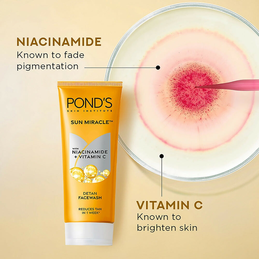 Ponds DeTan Face Wash with Niacinamide and Vitamin C showing the tube and fresh foamy lather on skin.