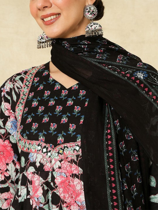 Women's Floral Printed V-Neck Anarkali Pure Cotton Kurta With Palazzos And Dupatta