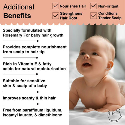 Soulflower Rosemary Lavender Baby Hair Oil bottle with dropper, showcasing a gentle baby hair oil for nourishing delicate hair.