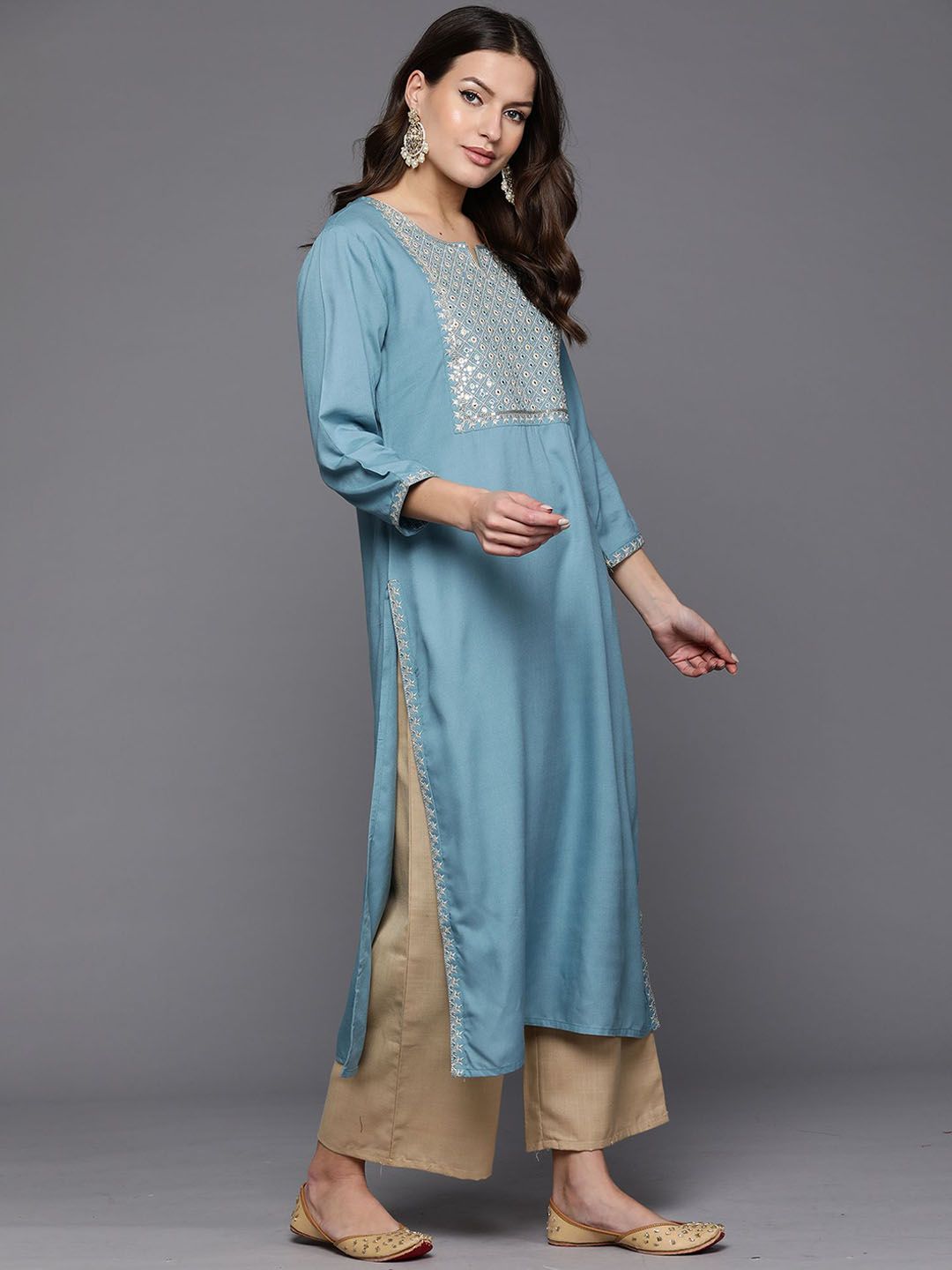 Indyancart IE Blue Notch Neck Embroidered Mirror Work Straight Kurta