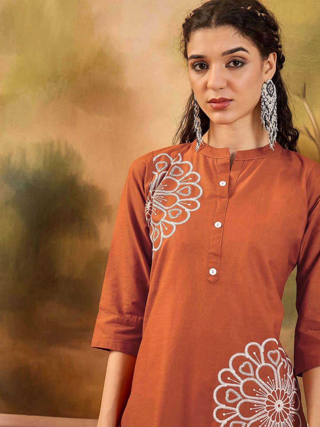 Indyancart SN Women's Floral Embroidered Cotton Kurta with Trousers