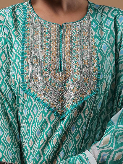 Indyancart IE Women Printed Regular Sequinned Pure Cotton Kurta with Trousers & With Dupatta