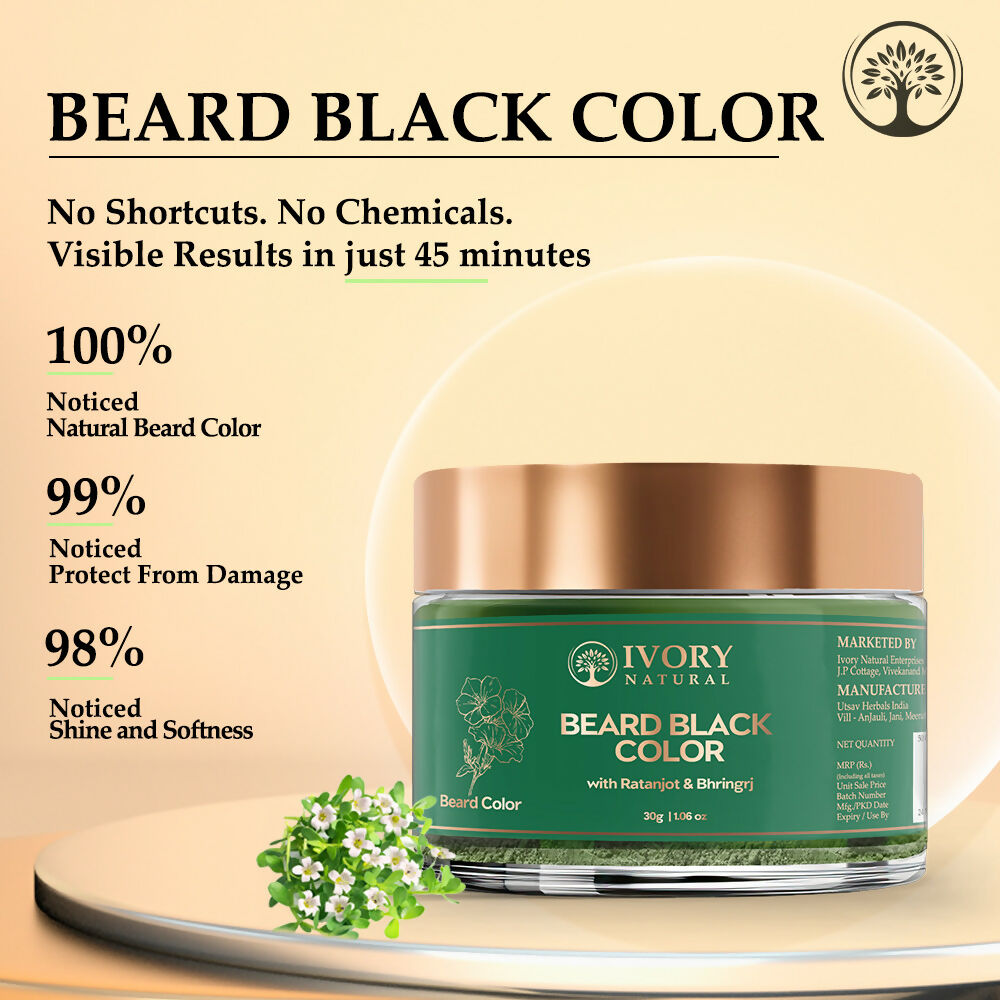 Ivory Natural beard color powder in black, organic plant-based formula, shows a beard color application with the product container.