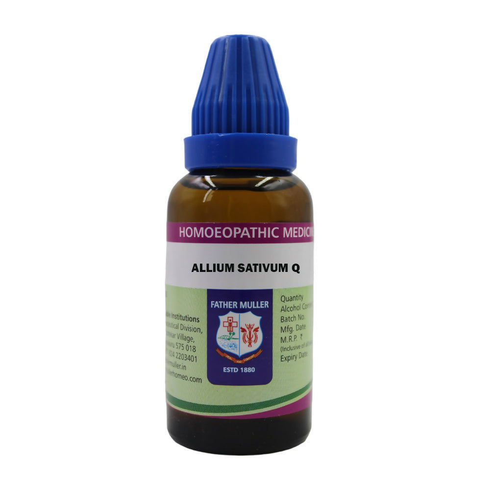 Father Muller Allium Sativum Mother Tincture Q bottle with label and dropper for herbal medicinal use.