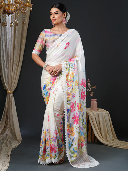Women's Georgette Multicolored Digital Print Designer Saree With Blouse Piece
