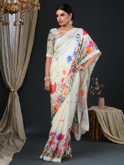 Women's Georgette Multicolored Digital Print Designer Saree With Blouse Piece