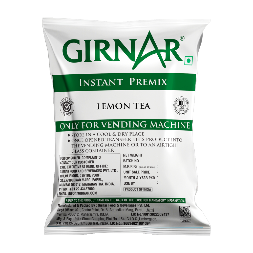 Girnar Instant Lemon Tea Premix in a 1kg vending pack, showing a vibrant lemon-flavored tea powder.