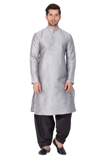 Men's Grey Silk Blend Straight Kurta and Dhoti Set