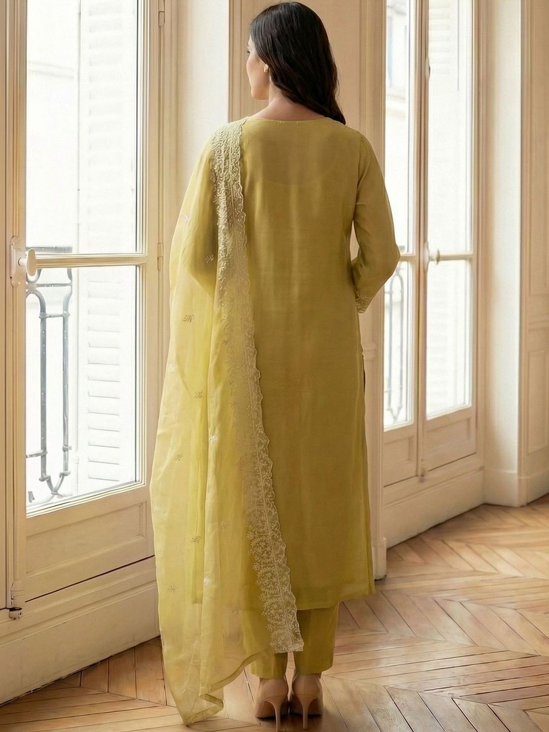 Indyancart IE Women Ethnic Motifs Embroidered Regular Thread Work Kurta with Palazzos & With Dupatta