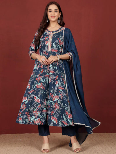 Indyancart VA Women's Floral Printed Regular Pure Cotton Kurta with Trousers & With Dupatta