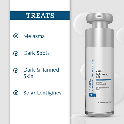 FCL Aha Lightening Gel Serum bottle with clear gel and bright packaging, skincare product for brightening and exfoliating skin.