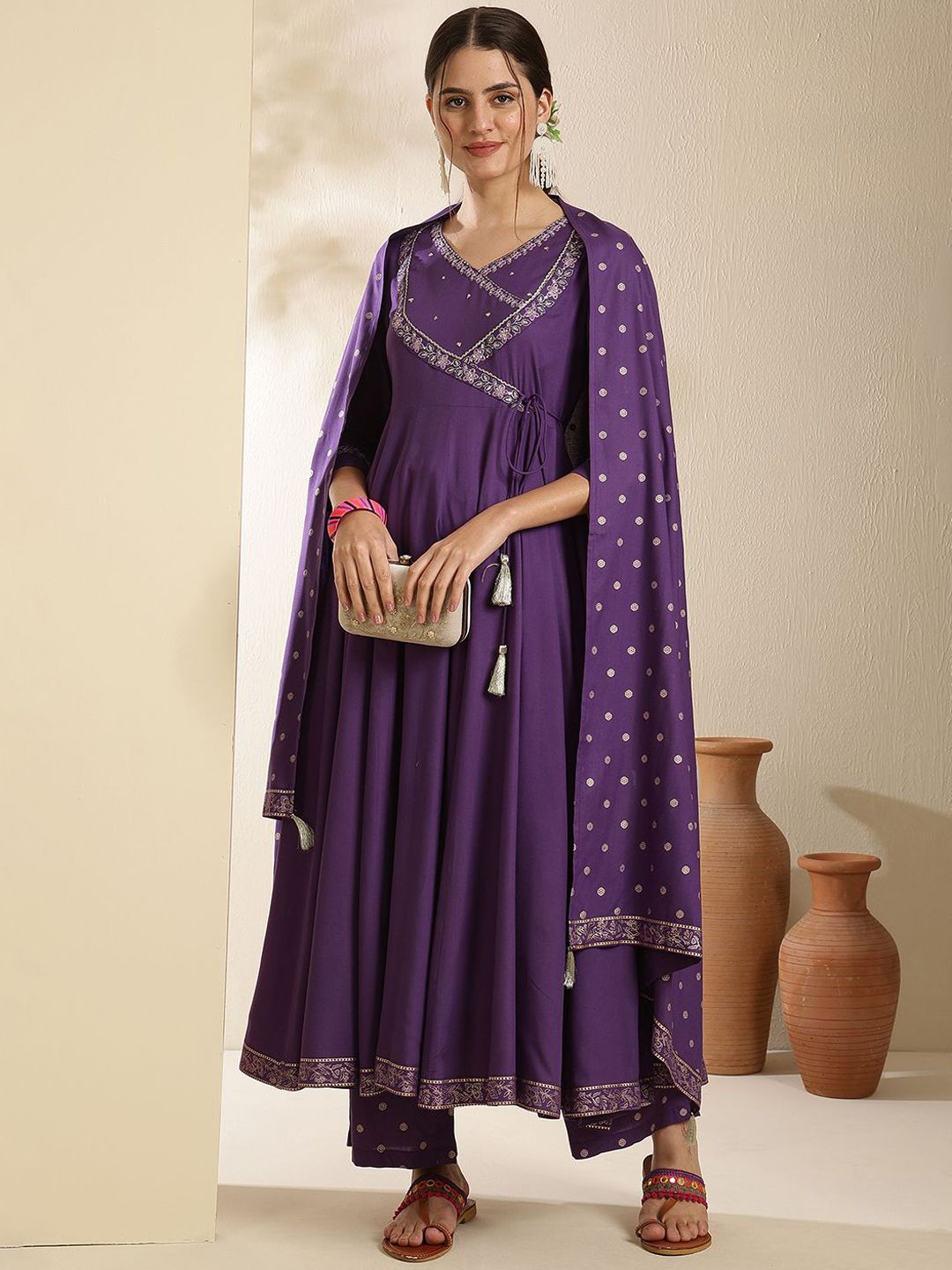 Indyancart SN Women's Embroidered V-Neck Anarkali Kurta With Trouser & Dupatta
