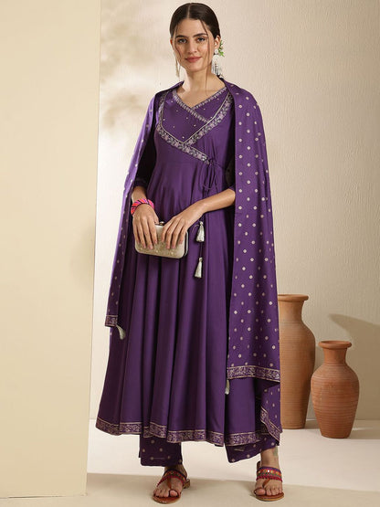 Indyancart SN Women's Embroidered V-Neck Anarkali Kurta With Trouser & Dupatta
