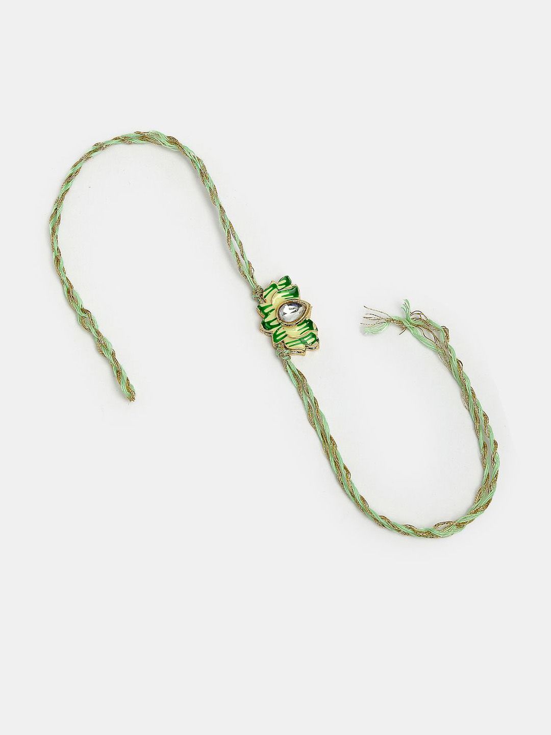 Anouk Unisex Set Of 2 Green Lotus Shape Kundan-Studded & Beaded Wraparound Rakhi Set
