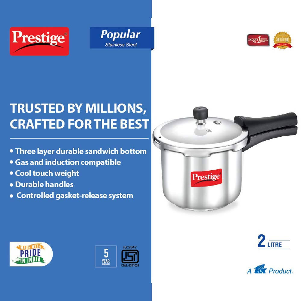 Prestige Popular Stainless Steel Pressure Cooker, Silver Color