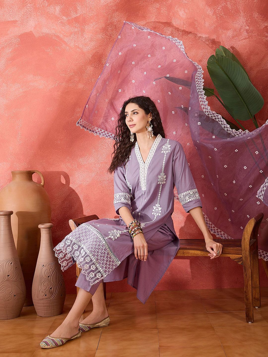 Indyancart SN Women's Floral Embroidered V-Neck Mirror Work Pure Cotton Kurta With Trouser & Dupatta