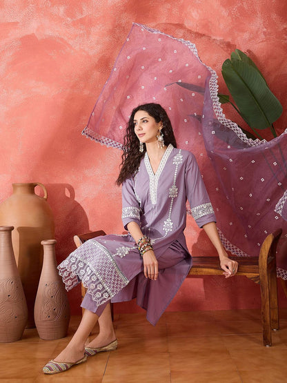 Indyancart SN Women's Floral Embroidered V-Neck Mirror Work Pure Cotton Kurta With Trouser & Dupatta