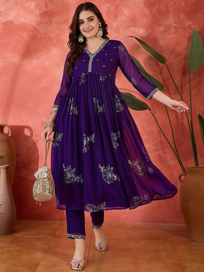 Indyancart SN Women's Embroidered V-Neck Anarkali Georgette Kurta & Trousers