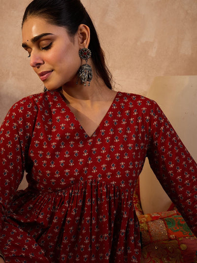 Indyancart IE Ethnic Motifs Printed A-Line Pure Cotton Kurta With Trousers