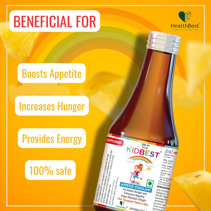 HealthBest Kidbest appetite stimulant syrup for kids in a bottle, designed for baby and child health and wellness.