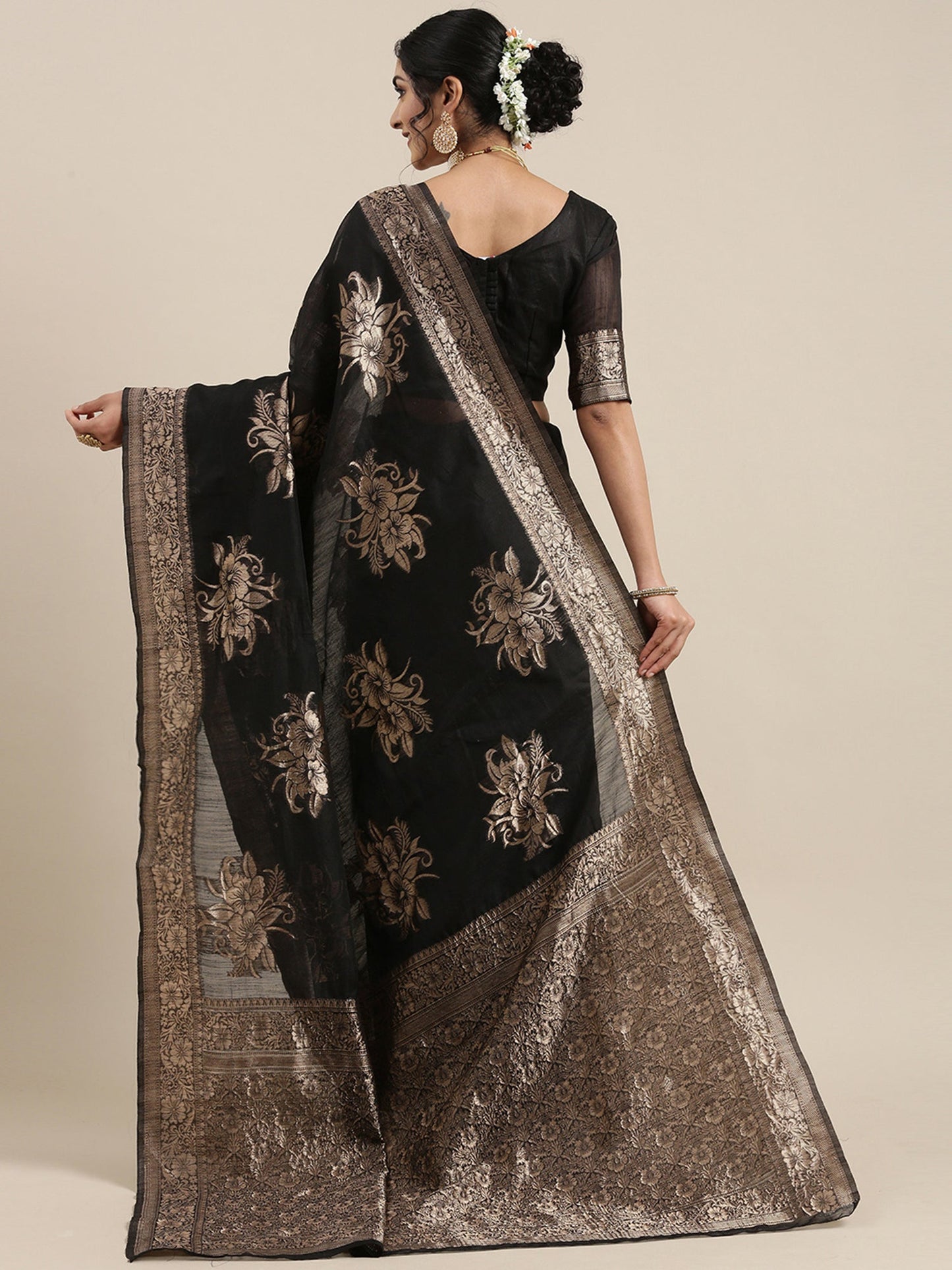 Women's Linen Black Woven Design Woven saree With Blouse Piece